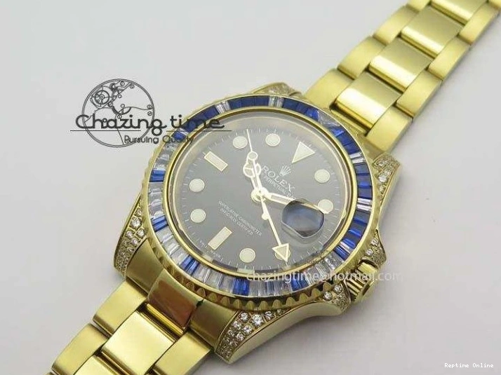 0414 GMT-Master II 116759 YG Bp-Maker Blue Ruby Crystal Bezel Black Dial On YG Bracelet A NewStyle 3775